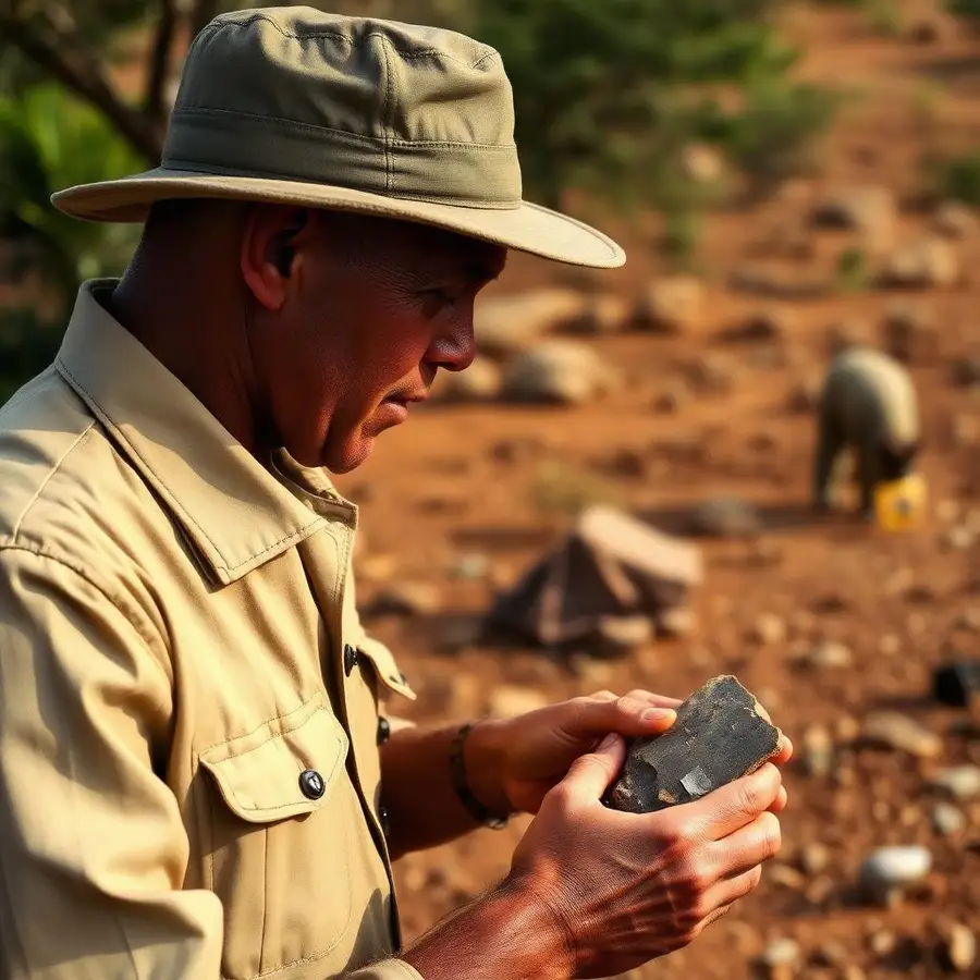 Burlcore Mining geologist examining a rock sample at an exploration site in Busia District, Uganda